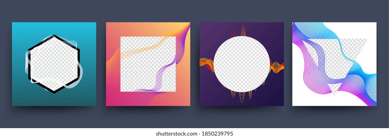 Social media square template. Post banner, web application posters. Bright music or sound waves, flyers with empty transparent place vector set