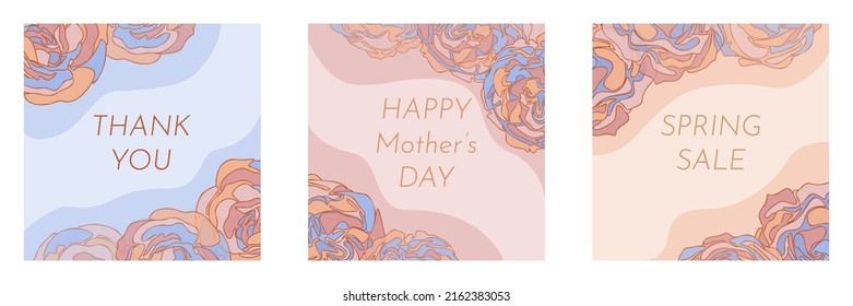 Social media square templates, posts feed layouts. Abstract roses flowers wavy pattern for Mothers day, happy Valentines day card, spring summer sales flyers vector illustration