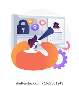 Social media stalking. Invasion in online privacy. Cyberstalking, following, geotagging. Guy with binoculars looking at girls social profile. Vector isolated concept metaphor illustration