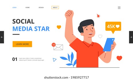 Social media star concept. Vlog, beauty blogger, likes addiction, attract followers, viral content, video platform. Abstract metaphor. Flat cartoon vector illustration