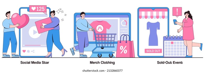 Social media star, merch clothing, sold-out event concepts with people characters. Celebrity media engagement vector illustration pack. Account monetization, branded design, show overbooking metaphor.