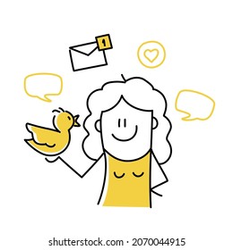 Social media. Stick figure woman holding bird. Doodle style. Vector illustration.