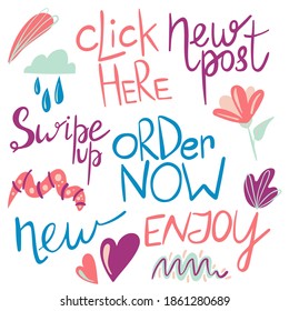 Social media sticker set. Cartoon short promotion phrase for blog or internet shop collection, click here, swipe up, order now, new post vector doodle isolated illustration