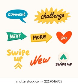 Social media stickers, challenge, new, swipe etc. Making a blog or vlog vector flat illustration. Set of cartoon icons for making stories or internet content