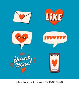 Social media stickers, like, heart, gletter, etc. Making a blog or vlog vector flat illustration. Set of cartoon icons for making stories or internet content