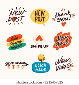 Social media stickers, new post, new video, give away, etc. Making a blog or vlog vector flat illustration. Set of cartoon icons for making stories or internet content