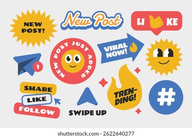 Social media stickers, patch, badges design.Colorful emoji character and promotional elements collection.