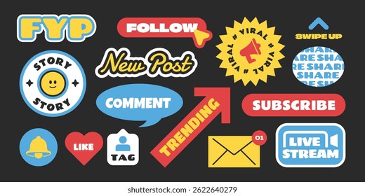 Social media stickers, patch, badges design.Colorful emoji character and promotional elements collection.