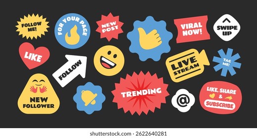 Social media stickers, patch, badges design.Colorful emoji character and promotional elements collection.