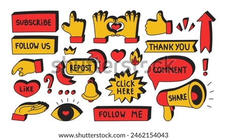 Social media stickers vector set. Call to action collection of various icons buttons for video post blog. Subscribe comment like repost signs.