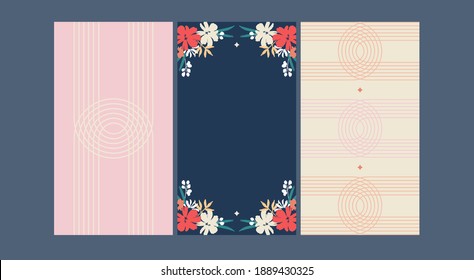 Social media stories background set. Minimalistic 9x16 floral backgrounds for social media. Floral frames and line art. Trendy templates for brand presentation. Trendy vector illustrations.