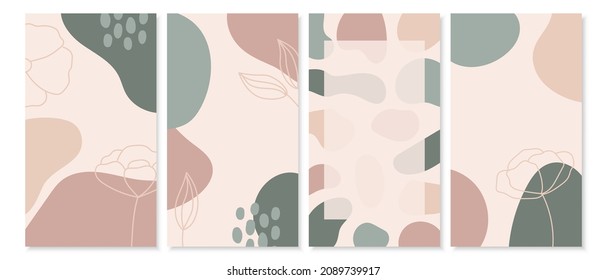 Social media stories backgrounds with abstract shapes, hand drawn flowers and leaves. Pastel beige and green colors. Floral covers. Vector template with space for text and images.