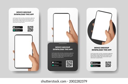 social media stories banner advertising for downloading app for mobile phone, hand holding smartphone. Download buttons with scan qr code template. 3D perspective phone