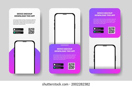 historias de medios sociales anuncios publicitarios de la aplicación para descargar para teléfono móvil, maquillaje de doble dispositivo de smartphone 3D con degradado violeta moderno. Botones de descarga con la plantilla de código qr de exploración.
