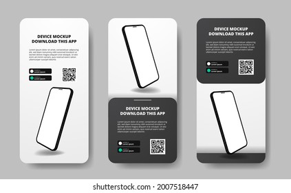 social media stories banner advertising for downloading app for mobile phone, float smartphone. Download buttons with scan qr code template. 3D perspective phone