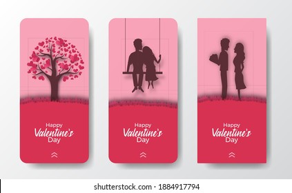 social media stories banner card for valentine's day event for couple paper cut style illustration with pink background color