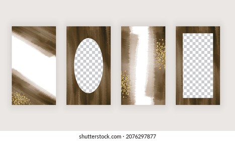 Social media stories banners with brown watercolor and gold glitter texture

