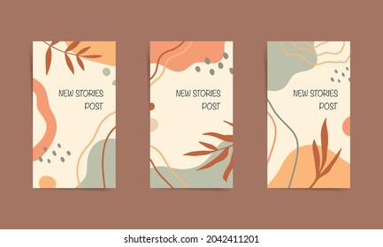 Social media stories banners design set. Autumn design for new stories. Fall design with geometric shapes, leaves and lines in orange, brown and beige colors. Creative illustration with dynamic print.