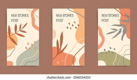 Social media stories banners design set for smartphone posting. Autumn design for new stories. Floral Backgrounds design with geometric shapes, leaves and lines in orange, brown and beige colors. 