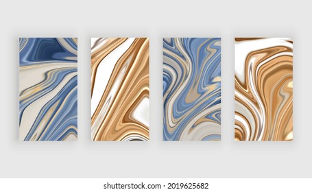 Social media stories banners with gold and blue liquid marble texture