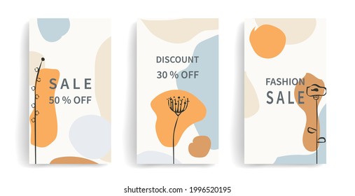 Social media stories banners, mobile apps, web, ads, post creative vector set. background template with copy space for text and images, with abstract colored shapes, and flowers. trendy pastel tone