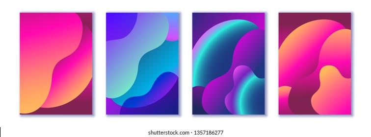 Social media stories design set, abstract trendy fluid wavy neon vertical backgrounds. Cyan, blue, pink, mint, orange, violet colors with gradients and halftones. Vector illustration, Eps10.