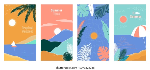 Social media stories design templates, backgrounds with copy space for text. Summer landscape background for banner, greeting card, poster and advertising. Summer vacation concept with palms and sea.