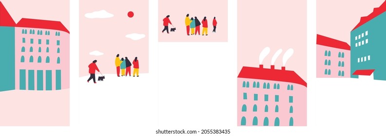 Social media stories design templates. Building, city set poster. Background with copy space for text. Cartoon flat vector greeting cards, poster. Travel concept. Vector EPS 10.