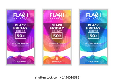 Social Media Stories Fluid template set with liquid abstract modern gradient background for banner sale, flash sale, Black Friday. Swipe Up Buttons vector eps10