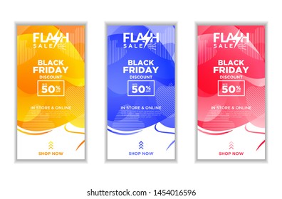 Social Media Stories Fluid template set with liquid abstract modern gradient background for banner sale, flash sale, Black Friday. Swipe Up Buttons vector eps10