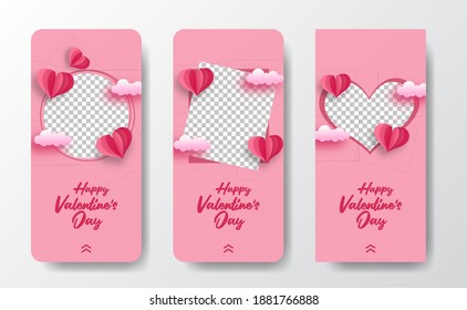 social media stories frame greeting card for valentine's day with heart shape paper cut style illustration and soft pink pastel background