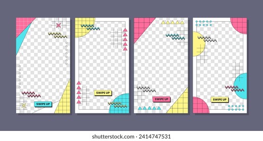 Social media stories frame template  set with retro vibes element. Colorful 90s retro and story template