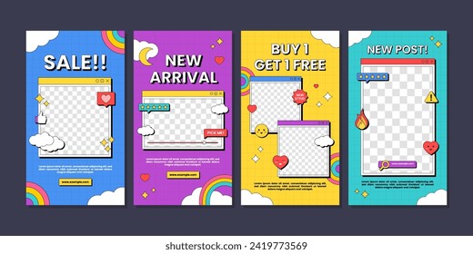 Social media stories frame template set for promotion sale with retro vibes element. Colorful 90s retro and story template