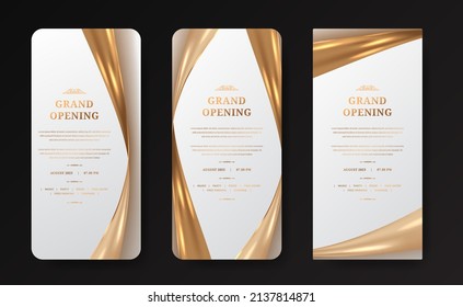 social media stories for grand opening layout announcement with shiny glossy golden satin silk decoration