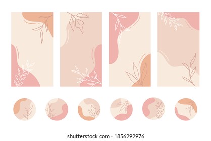 Social media stories and highlights templates. Vector set of pastel color minimal abstract organic floral backgrounds