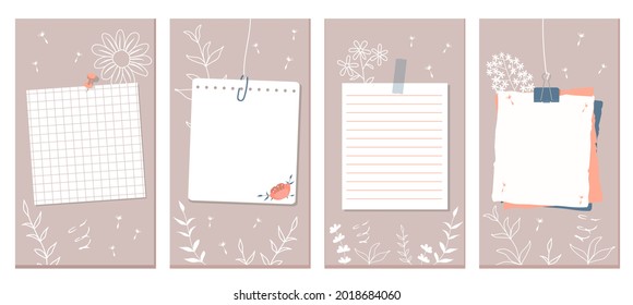 Social Media Stories Layout Set  Pink flowers  contours flowers   leaves  White pages different notebooks pinned taped to the wall  Vector illustration  flat style 