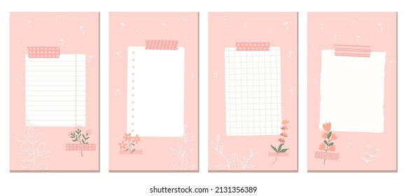 Conjunto de diseño de historias de medios sociales. Diferentes hojas de papel pegadas con cinta adhesiva decorativa a la pared. Ilustración vectorial, estilo plano en un fondo rosado.