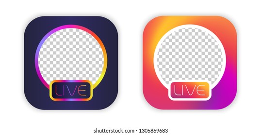 social media stories live video TV streaming icon. Vector gradient frame mockup with transparent circle 