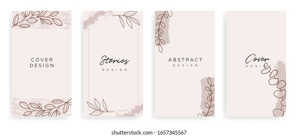 Social media stories and Main Feed cover.  Background template with copy space for text and images, Tropical line arts , floral and leaves in warm earth tone vector illustration.