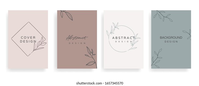 Social media stories and Main Feed cover.  Background template with copy space for text and images, Tropical line arts , floral and leaves in warm earth tone vector illustration.