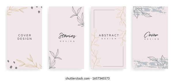 Social media stories and Main Feed cover.  Background template with copy space for text and images, Tropical line arts , floral and leaves in warm earth tone vector illustration.