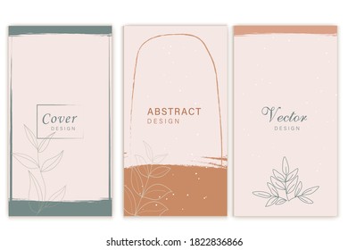 Social media stories and Main Feed cover. Background template with copy space for text and images, Tropical line arts , floral and leaves in warm earth tone vector illustration.