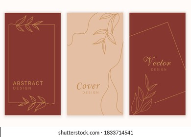 Social media stories and Main Feed cover. Background template with copy space for text and images, Tropical line arts , floral and leaves in warm earth tone vector illustration.