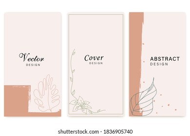 Social media stories and Main Feed cover. Background template with copy space for text and images, Tropical line arts , floral and leaves in warm earth tone vector illustration.