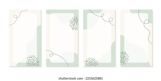 Social media stories neutral green templates with organic shapes and copy space for text. Abstract hand drawn minimal vector backgrounds