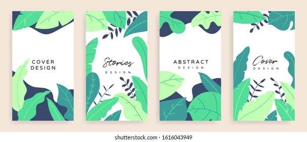 Social media stories and post background vector set. Background template with copy space for text and images design byTropical leaf shapes,  line arts and natural style brush.
