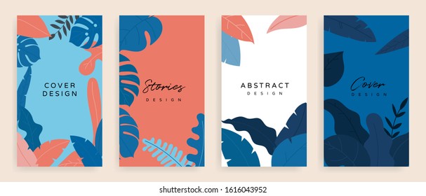 Social media stories and post background vector set. Background template with copy space for text and images design byTropical leaf shapes,  line arts and natural style brush.
