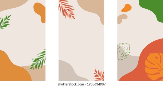 Social media stories and post background template with copy space for text. Abstract colored shapes, line art, leaves, warm and bright summer colors.