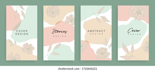 Social media stories and post cover design vector set. Background template with copy space for text and images design by abstract coloured shapes, line arts and floral. 