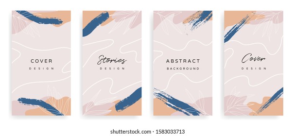 Social media stories and post creative Vector set. Background template with copy space for text and images design by abstract colored shapes,  line arts , Tropical leaves  warm color of the earth tone